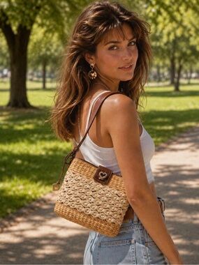 Brighton Vtg Straw Two Tone Shoulder Handbag Purse crocodile-embossed brown